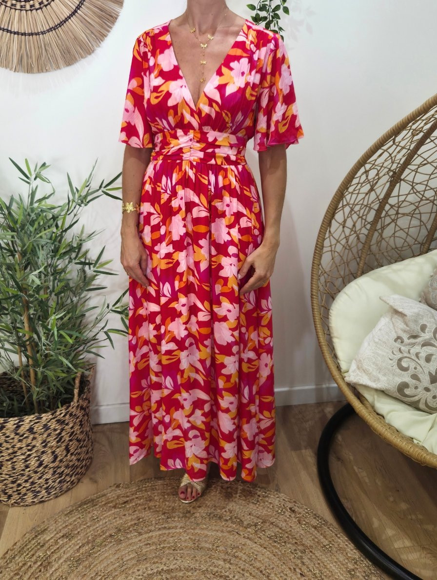  Robe longue femme fuchsia et orange Saskia
