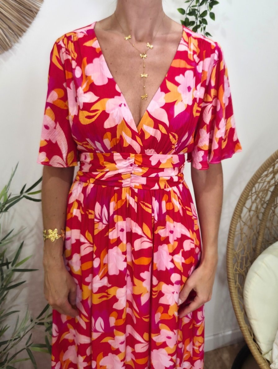 Robe longue femme fuchsia et orange Saskia