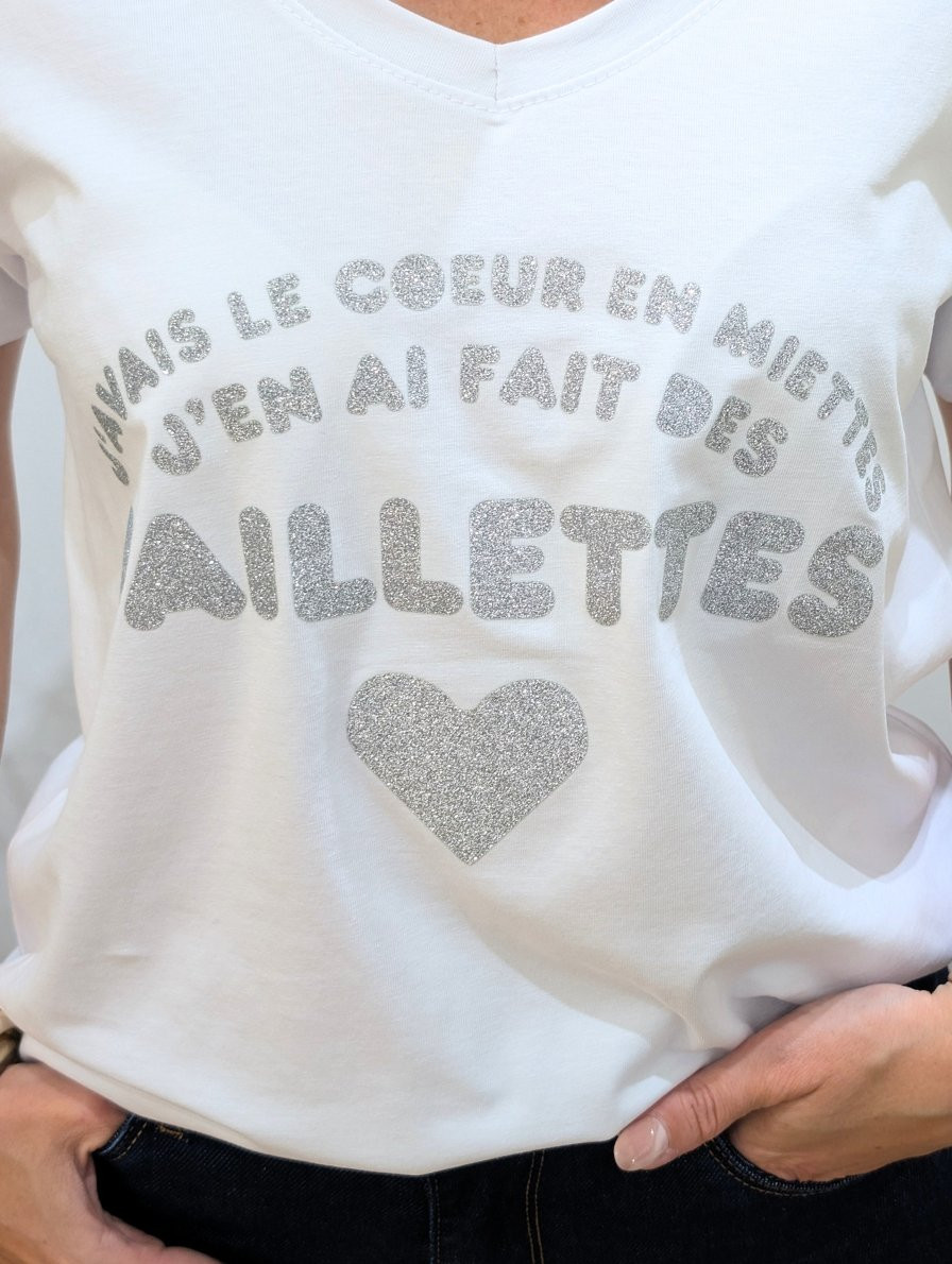 T-Shirt femme blanc j'avais le coeur en miettes j'en ai fait des paillettes argent