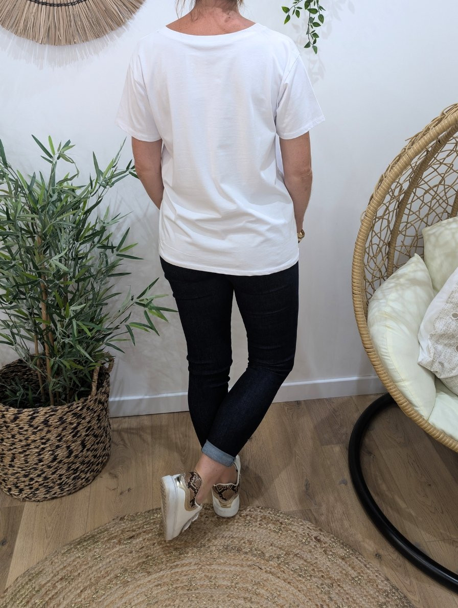 T-Shirt femme blanc j'avais le coeur en miettes j'en ai fait des paillettes argent