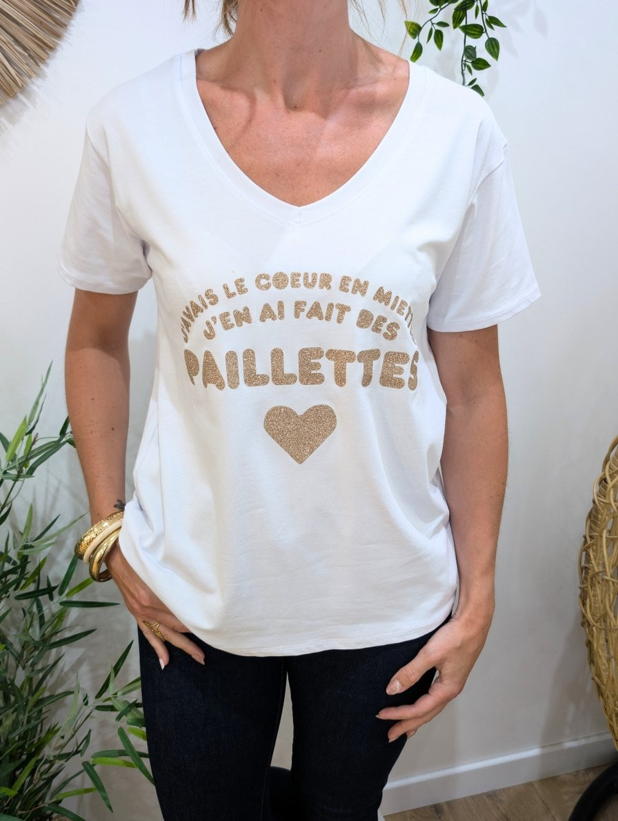 T-Shirt femme blanc j'avais le coeur en miettes j'en ai fait des paillettes doré