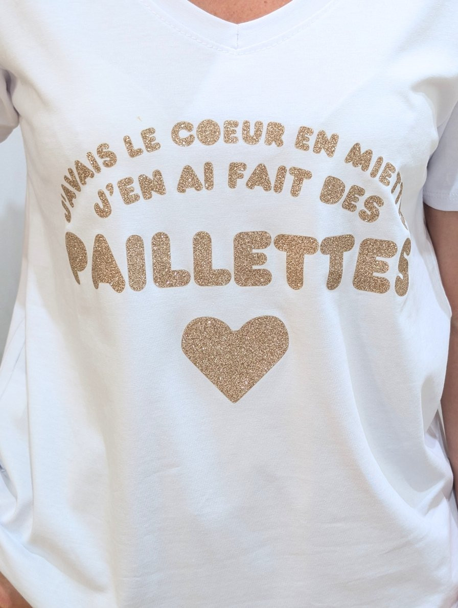 T-Shirt femme blanc j'avais le coeur en miettes j'en ai fait des paillettes doré