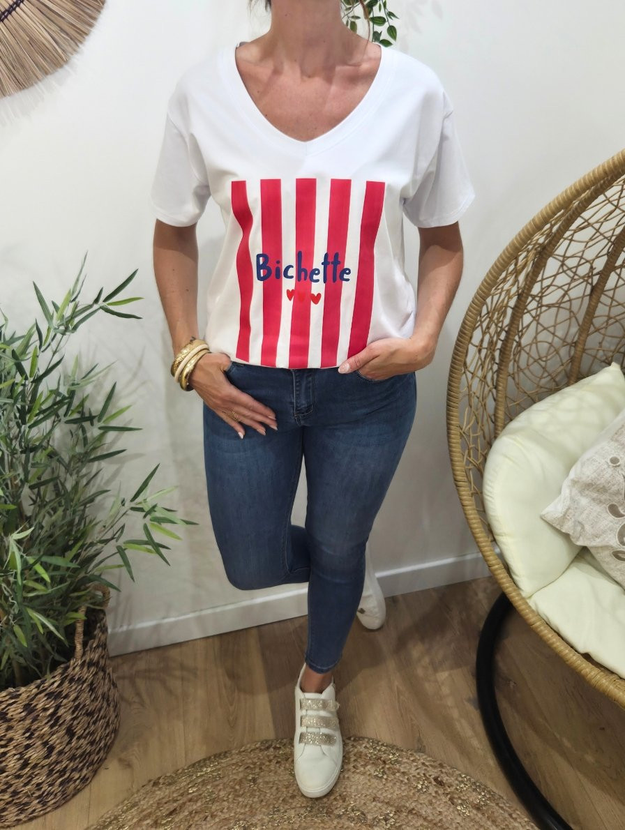 T-Shirt femme blanc bichette rayures roses