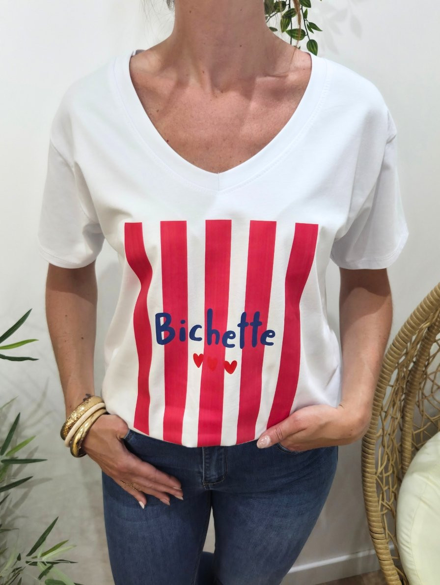 T-Shirt femme blanc bichette rayures roses