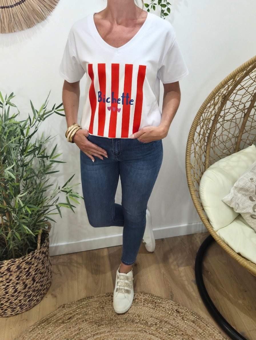 T-Shirt femme blanc bichette rayures rouges