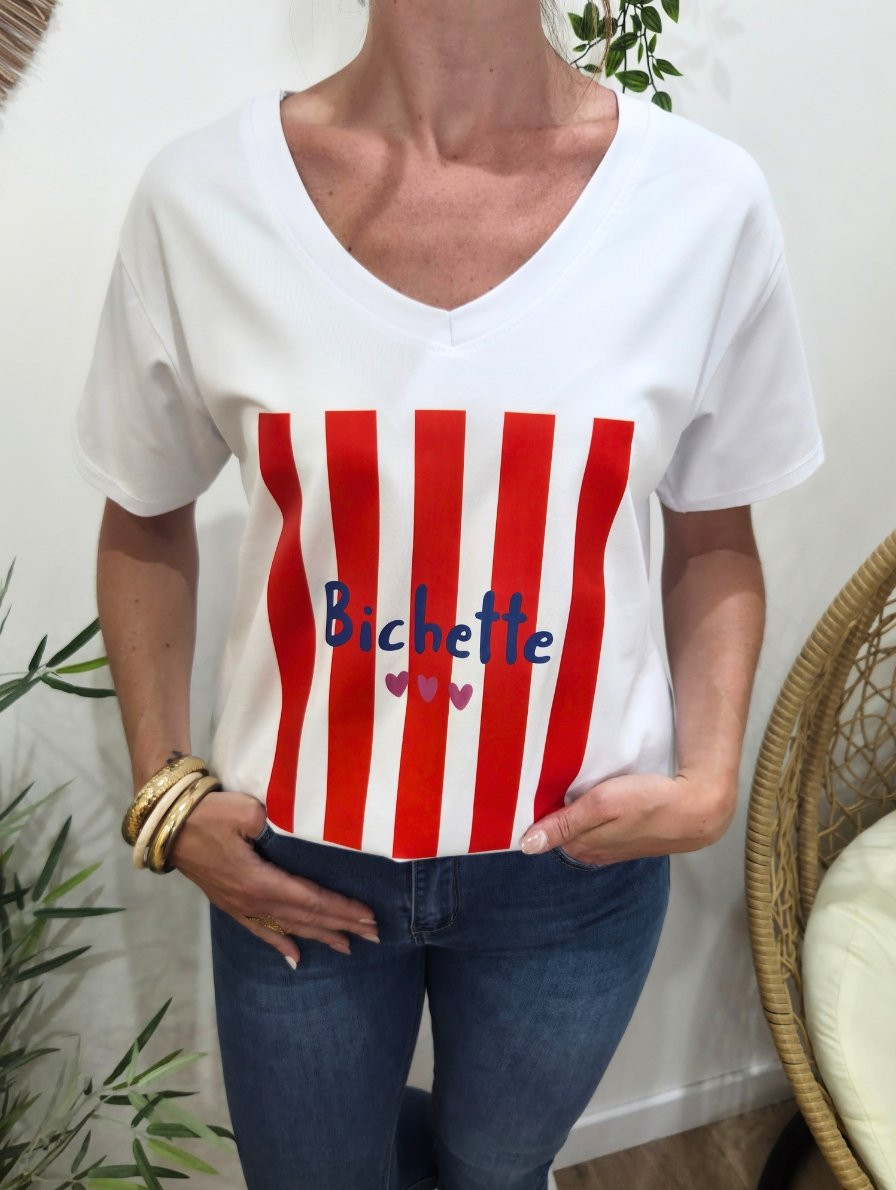 T-Shirt femme blanc bichette rayures rouges