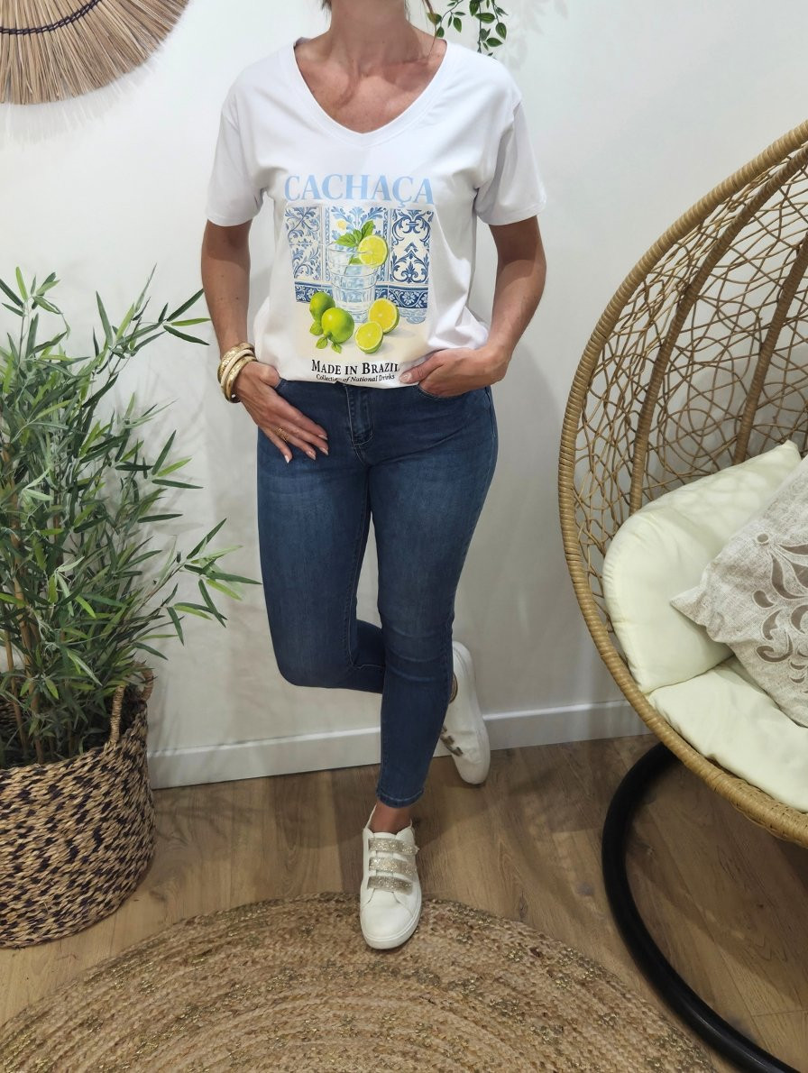 T-Shirt femme blanc Cachaca bleu et vert