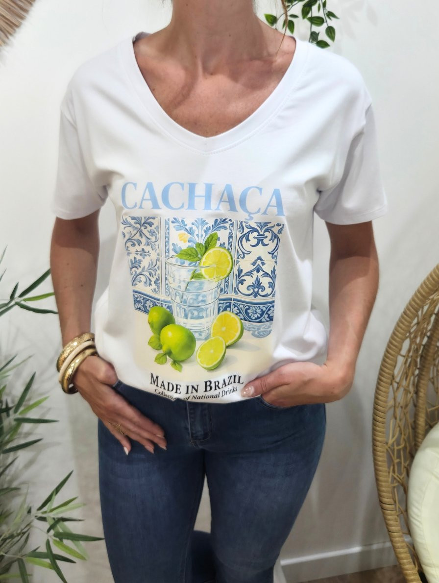 T-Shirt femme blanc Cachaca bleu et vert