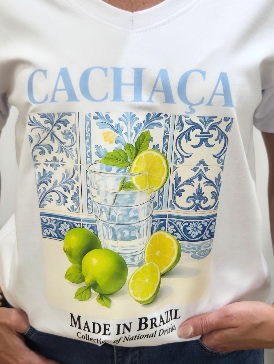 T-Shirt femme blanc Cachaca bleu et vert