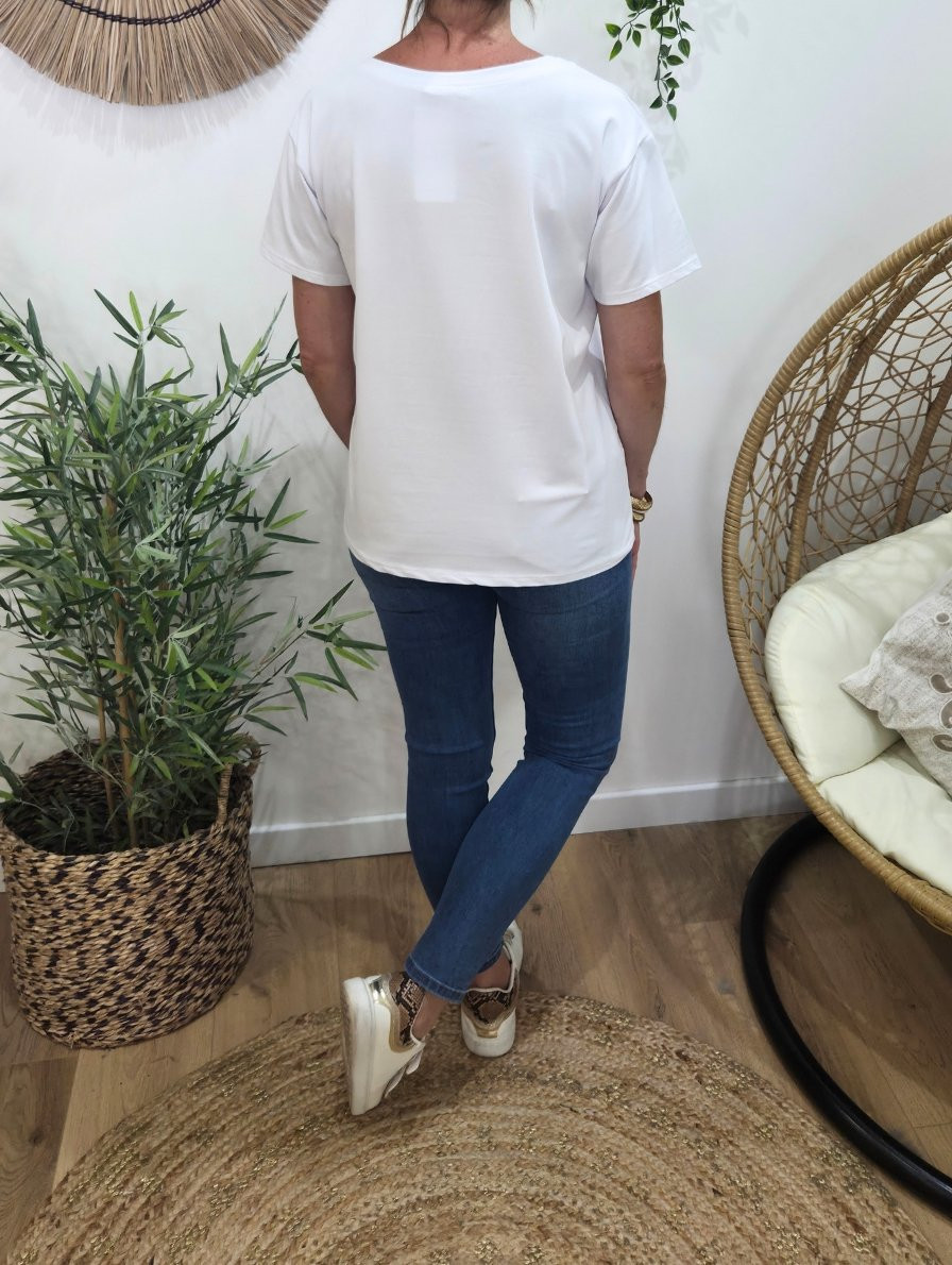 T-Shirt femme blanc Cachaca bleu et vert