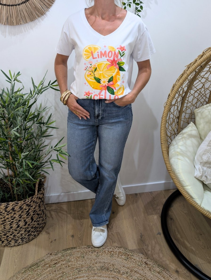 T-Shirt femme blanc Limon Cello jaune fleurs roses