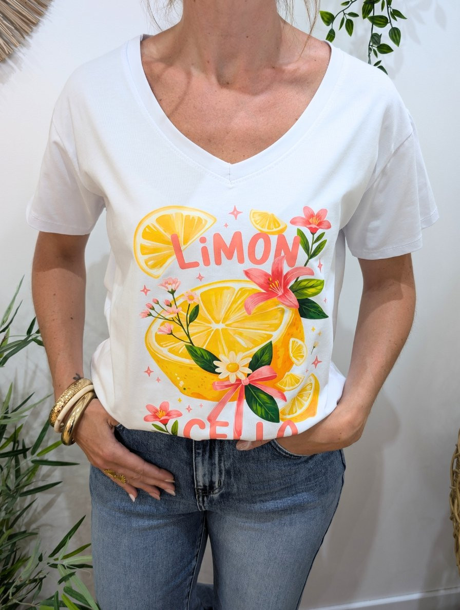 T-Shirt femme blanc Limon Cello jaune fleurs roses