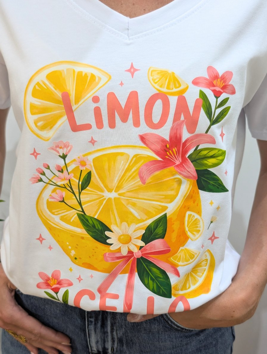 T-Shirt femme blanc Limon Cello jaune fleurs roses