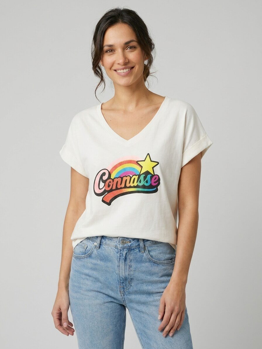 T-shirt femme uni col V Connasse arc en ciel