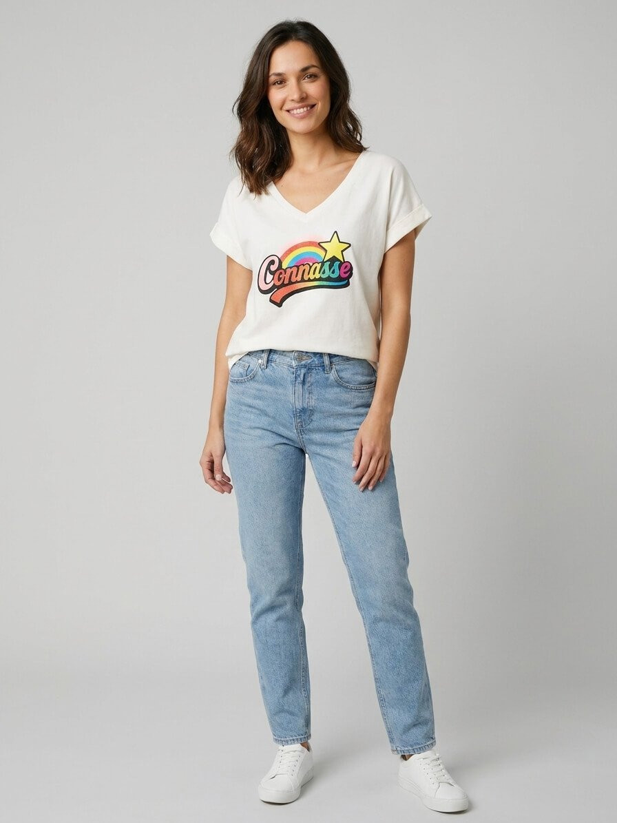 T-shirt femme uni col V Connasse arc en ciel