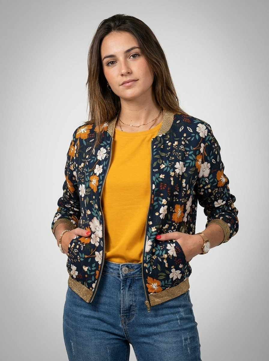 Bombers femme marine imprimé floral beige et moutarde mi-saison léger