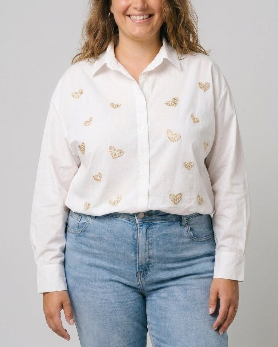 Chemisier femme oversize broderie coeur et sequins dorés