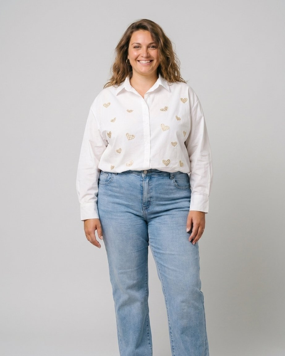 Chemisier femme oversize broderie coeur et sequins dorés