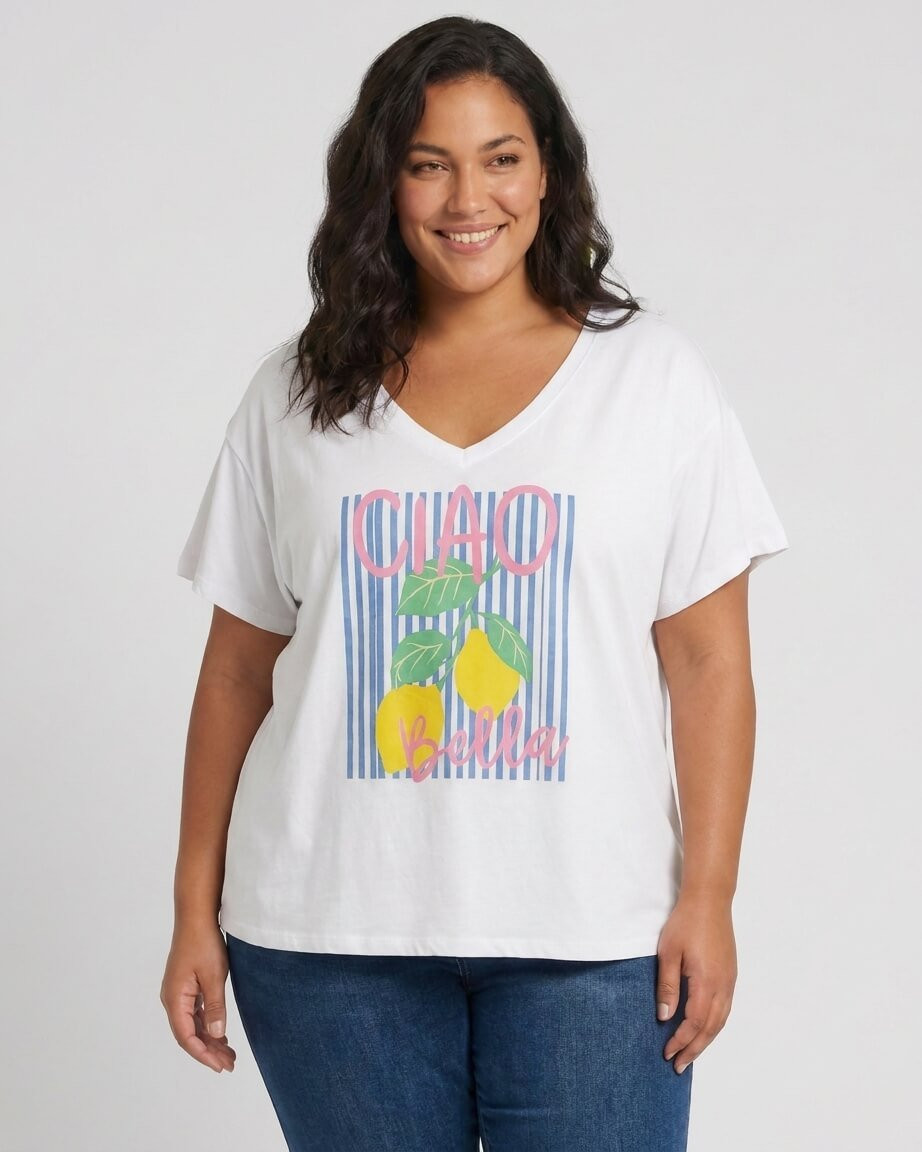 T-Shirt femme blanc citrons Ciao Bella rayures bleues