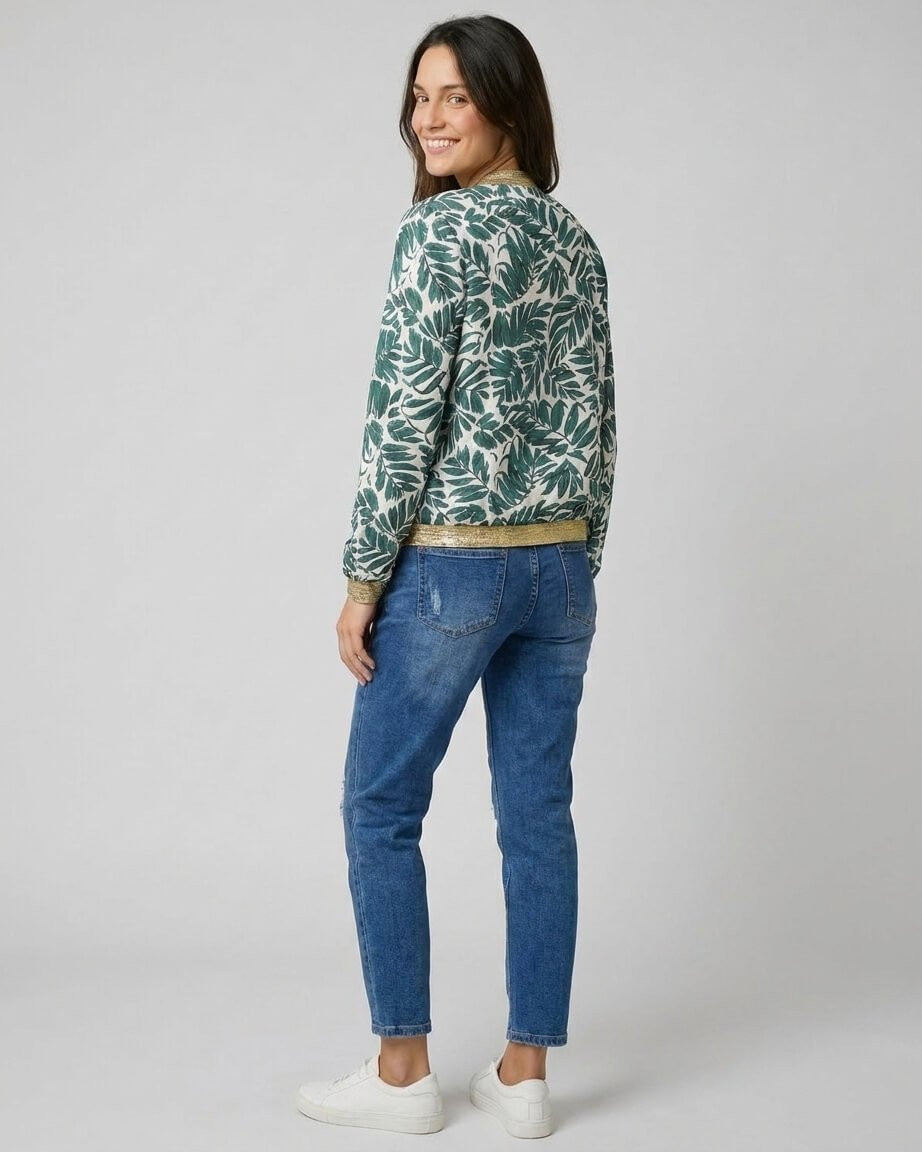 Bombers femme écru feuillage vert