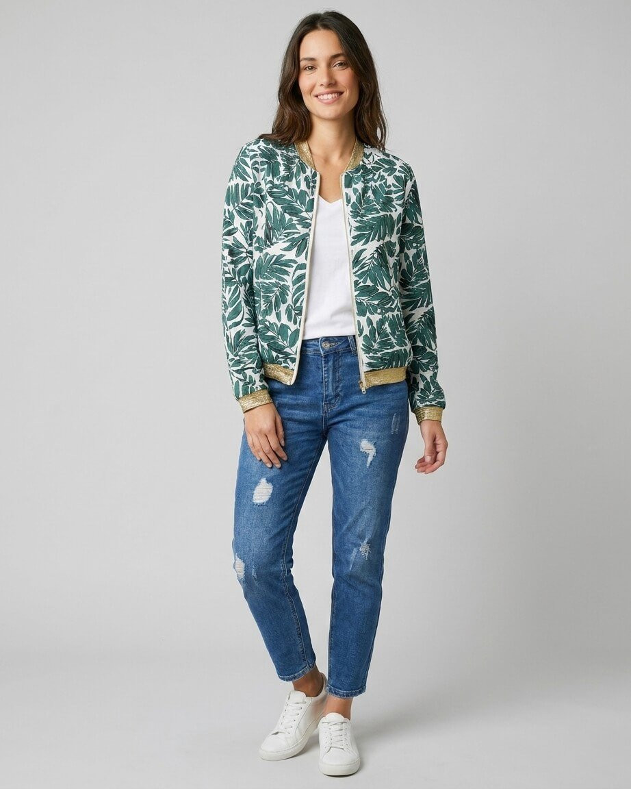 Bombers femme écru feuillage vert
