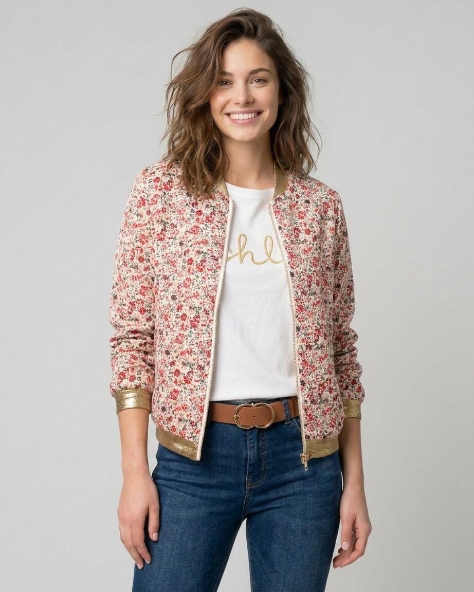 Bombers femme blanc petites fleurs rouges cerises et vertes mi-saison léger