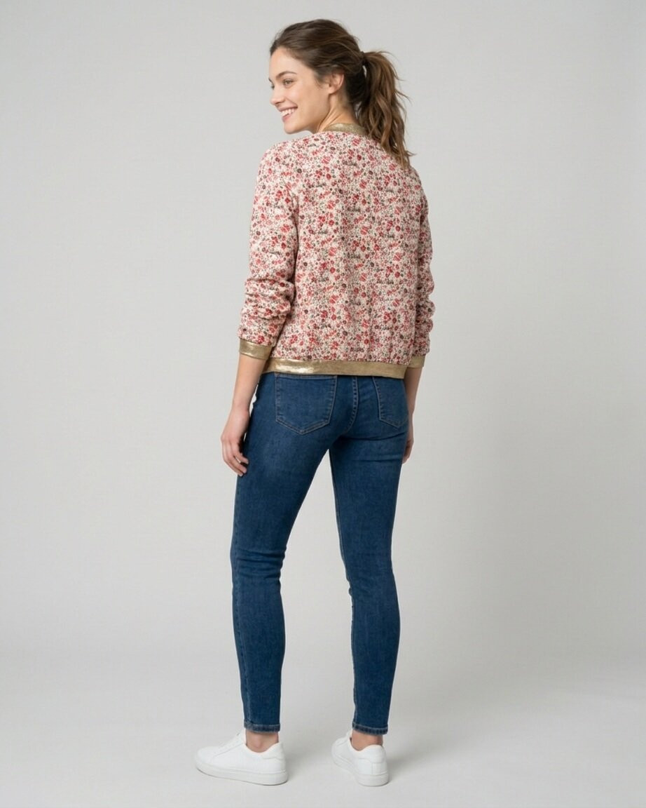 Bombers femme blanc petites fleurs rouges cerises et vertes mi-saison léger