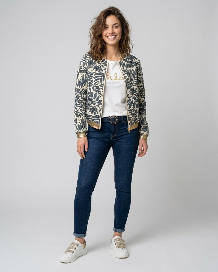 Bombers femme écru feuillage bleu mi-saison léger