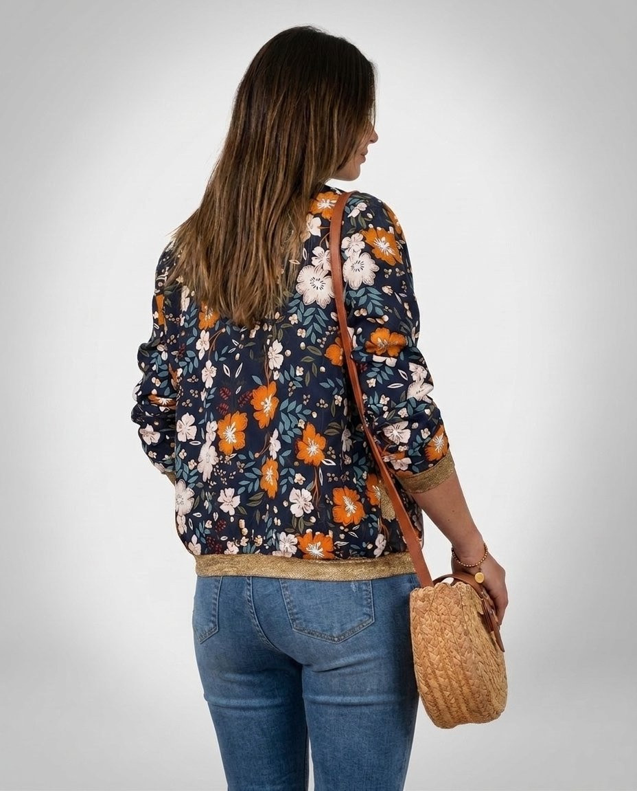Bombers femme marine imprimé floral beige et moutarde mi-saison léger