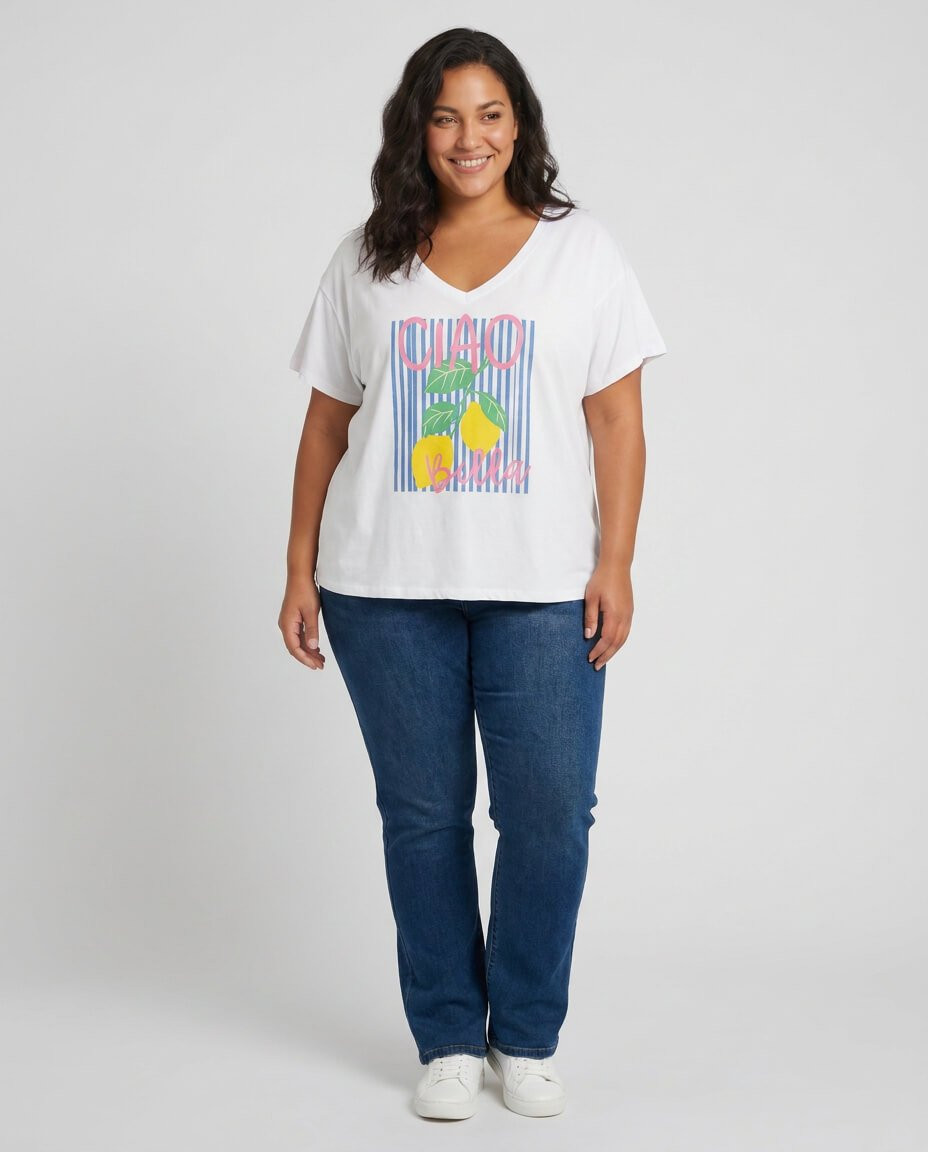 T-Shirt femme blanc citrons Ciao Bella rayures bleues