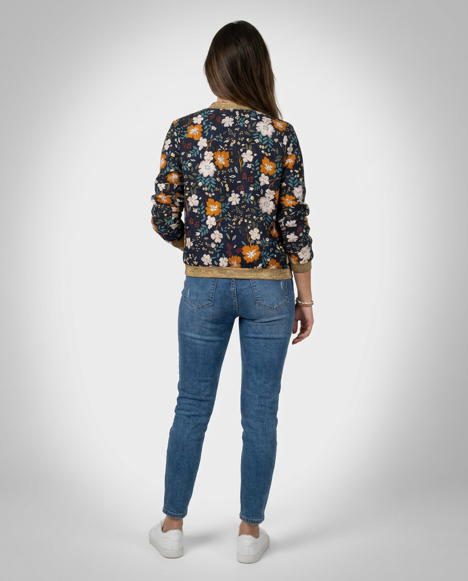Bombers femme marine imprimé floral beige et moutarde mi-saison léger