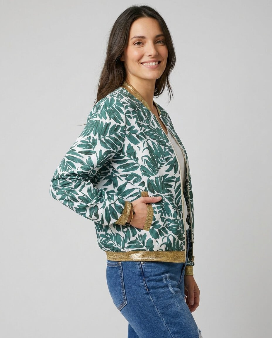 Bombers femme écru feuillage vert