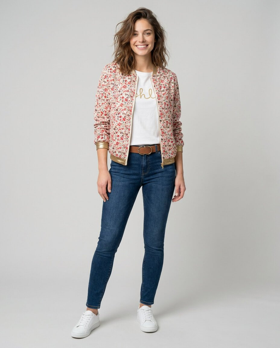 Bombers femme blanc petites fleurs rouges cerises et vertes mi-saison léger