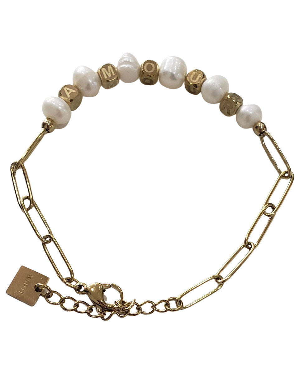 Bracelet acier doré Perles de nacre AMOUR