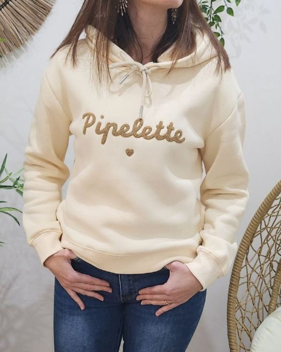 Sweat femme beige broderie Pipelette camel