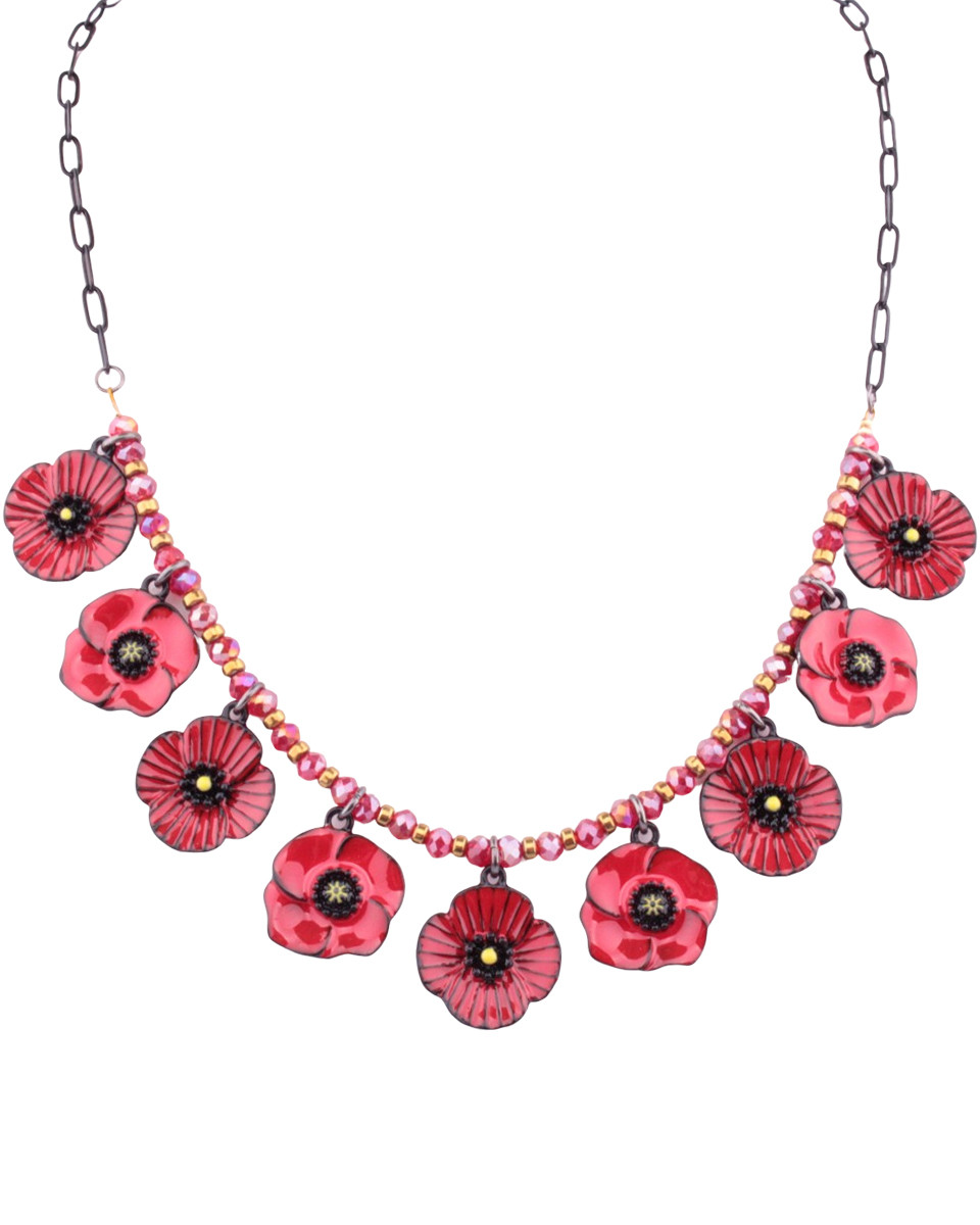 Collier LOL coquelicots rouges et perles brillantes