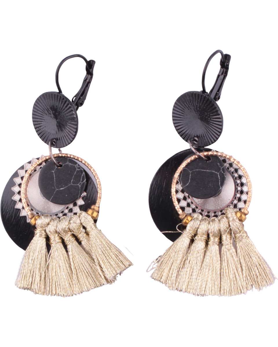 Boucles d'oreilles LOL noir et doré anneau à pompons et pastille soleil