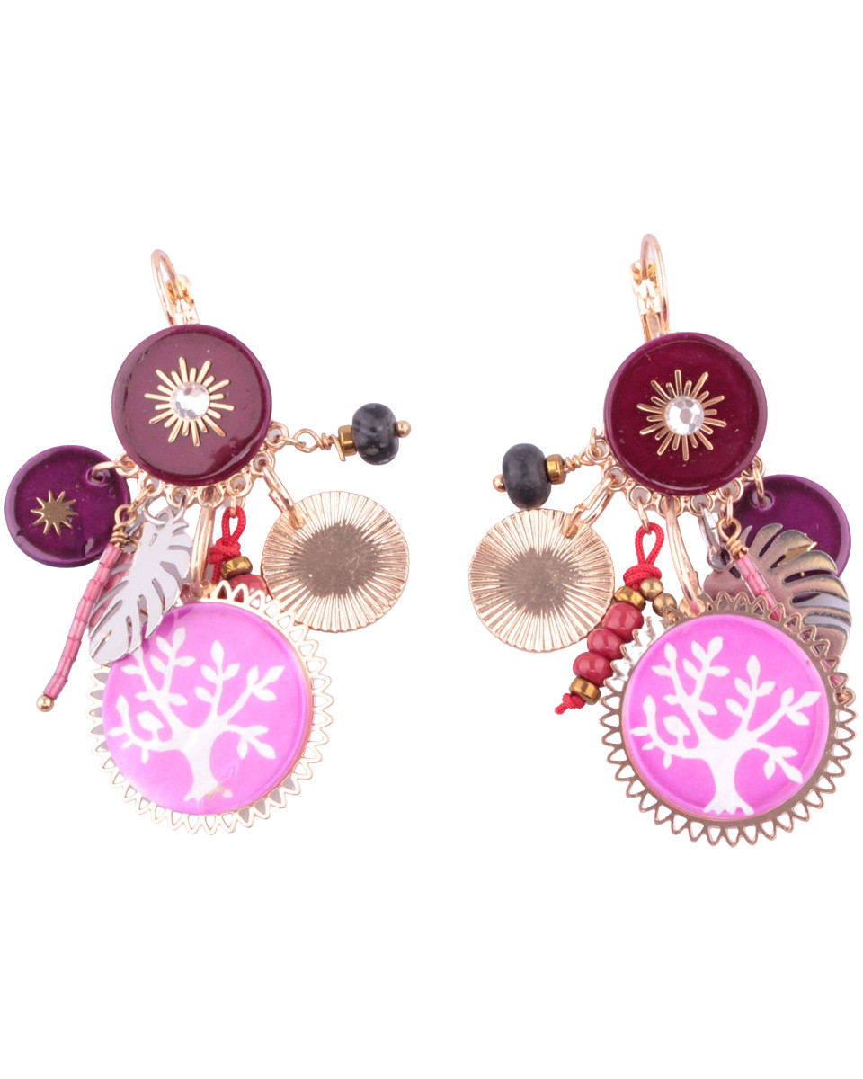 Boucles d'oreilles LOL mauves gongs arbre de vie et soleils