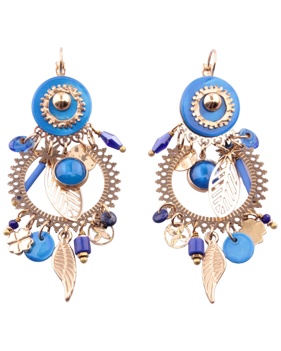 Boucles d'oreilles plume et feuille dorées et bleues