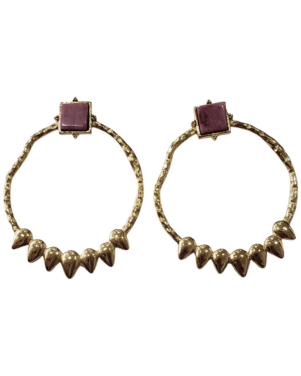 Boucles d'oreilles anneaux acier doré carrés de rhodonite