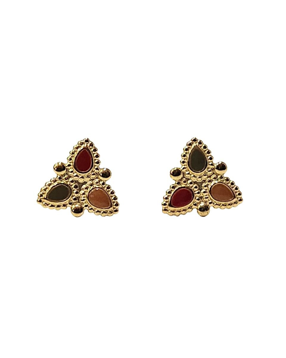 Boucles d'oreilles femme triangle acier doré et émail rouge kaki et moutarde