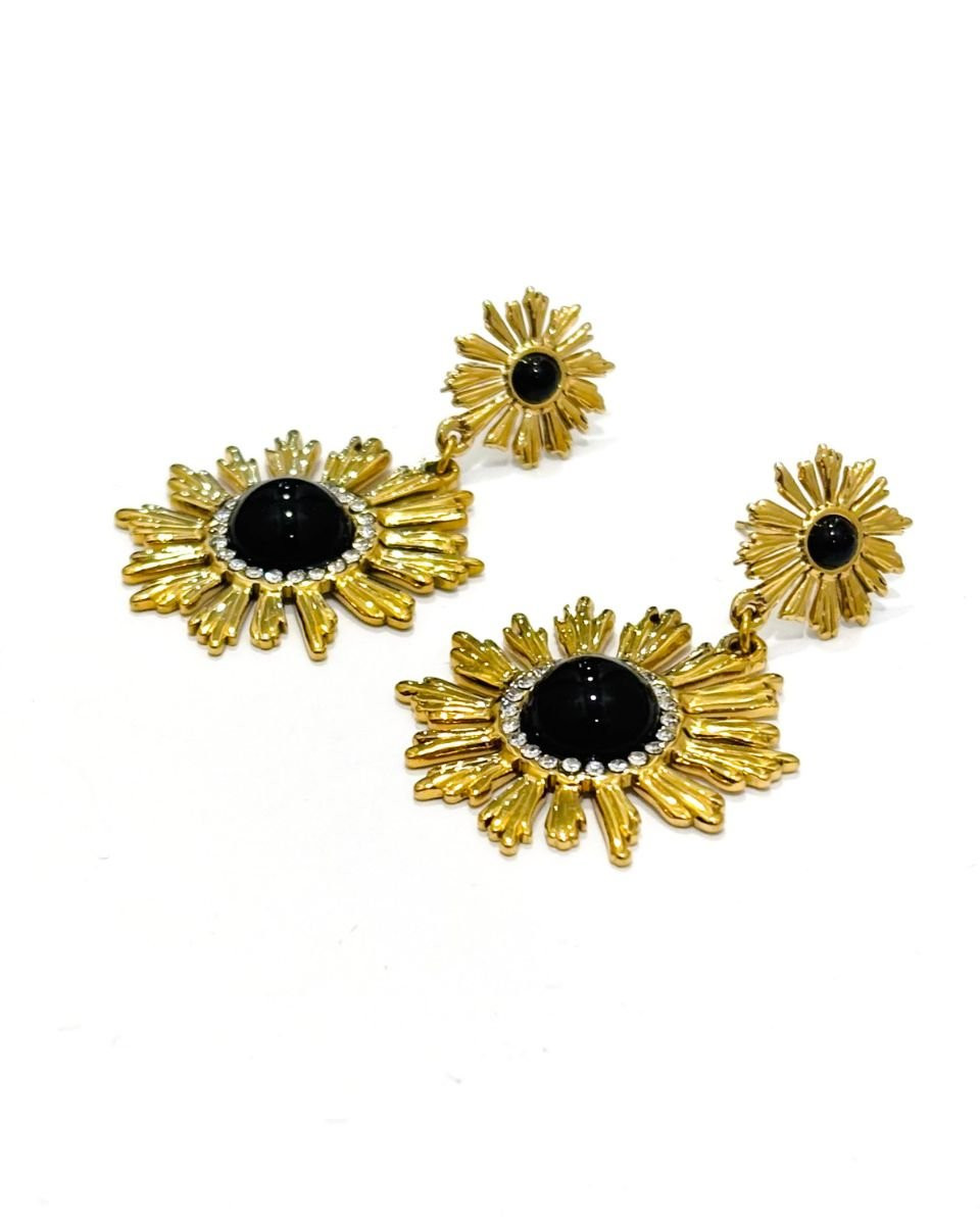 Boucles d'oreilles femme fleurs acier doré perles noires et strass