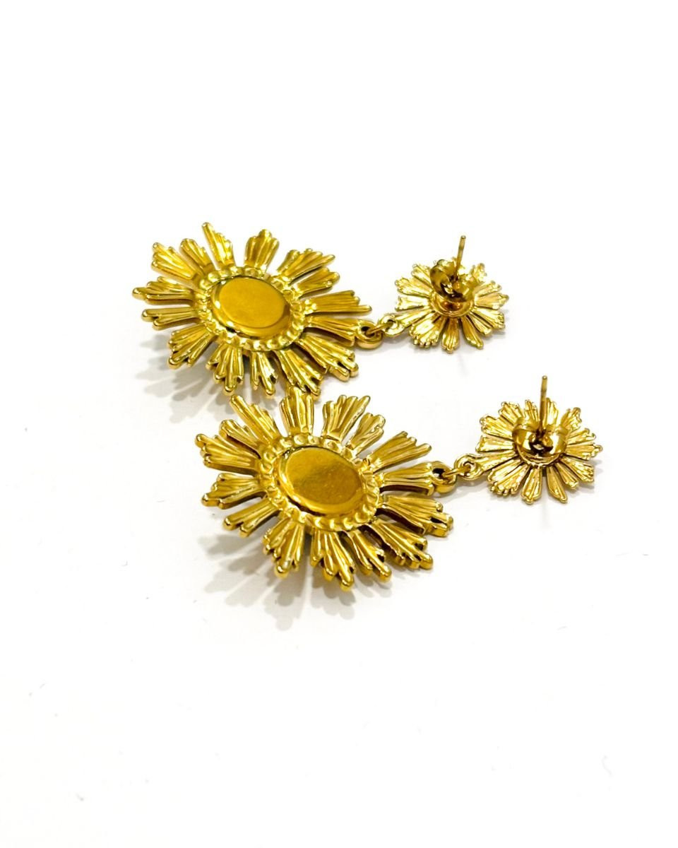 Boucles d'oreilles femme fleurs acier doré perles noires et strass