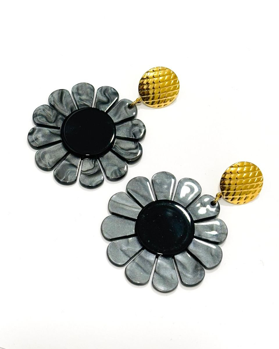 Boucles d'oreilles femme acier doré et grosses fleurs noires
