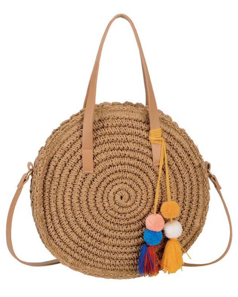 Sac en paille camel et pompons multicolores