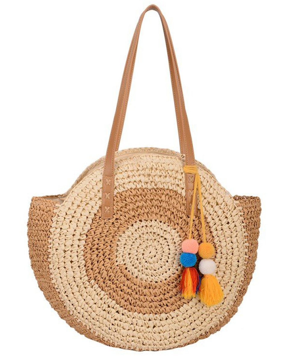 Sac en paille bicolore beige camel et pompons multicolores