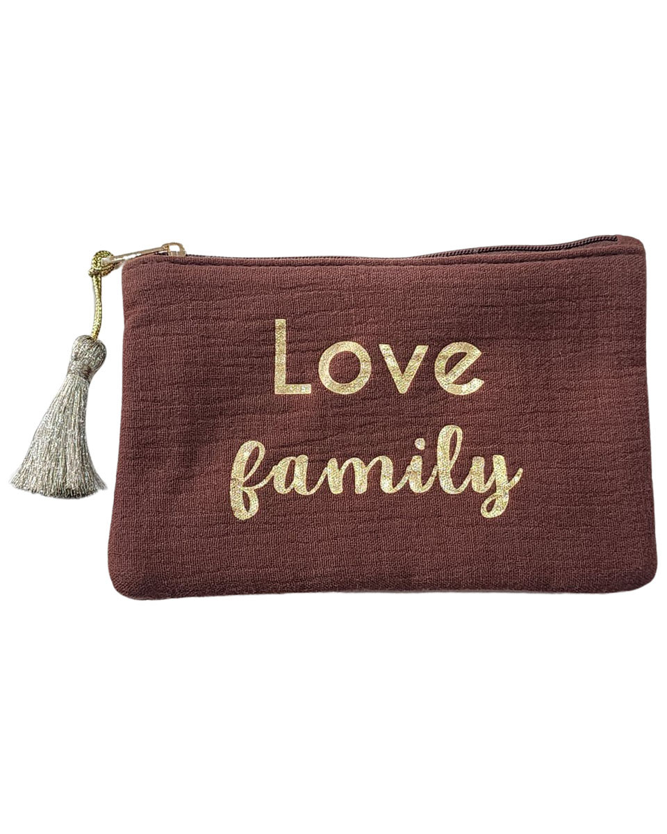 Pochette marron  10.5 X 17 cm Love family et pompon-Or
