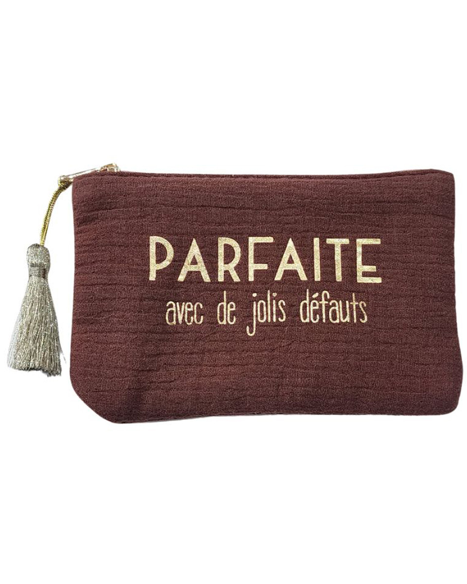 Petite pochette marron 11.5 X 17.3 cm PARFAITE avec de jolis défauts or et pompon