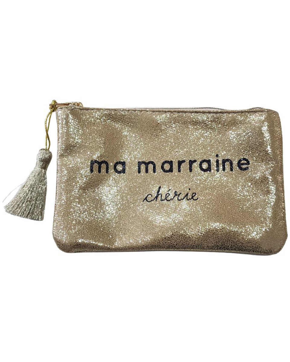 Petite pochette or pailletée 11.5 X 17.3 cm Ma marraine chérie pompon doré