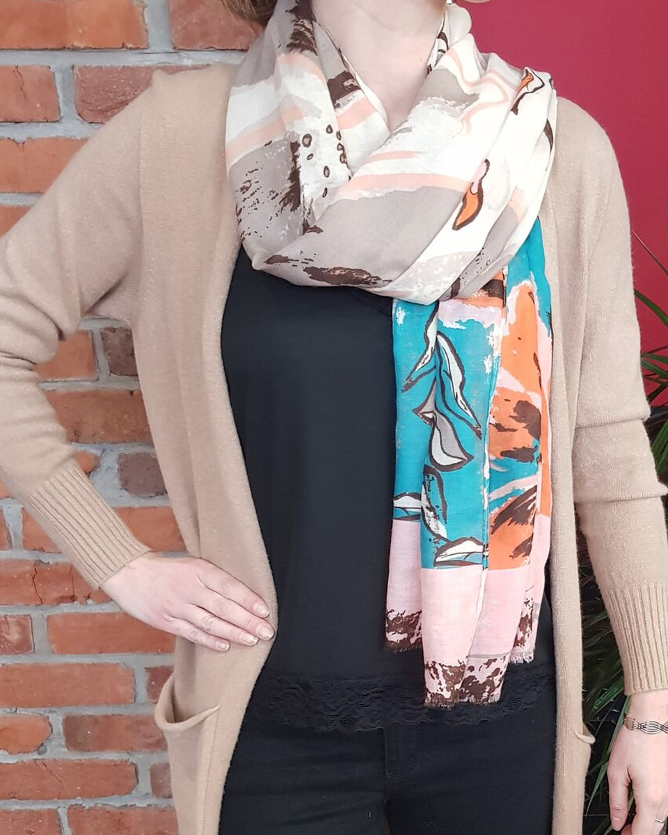 Echarpe beige taupe fleurs de lys oranges turquoises dorées